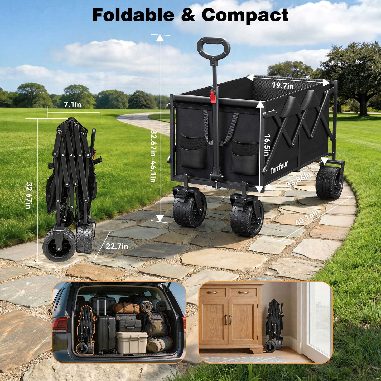Goosiay Collapsible Wagon Cart with Tank Wheels, 580lbs Heavy Duty Folding Utility Wagon with Flexible Handle for Camping, Grocery, Garden, Sports & Shopping, Black