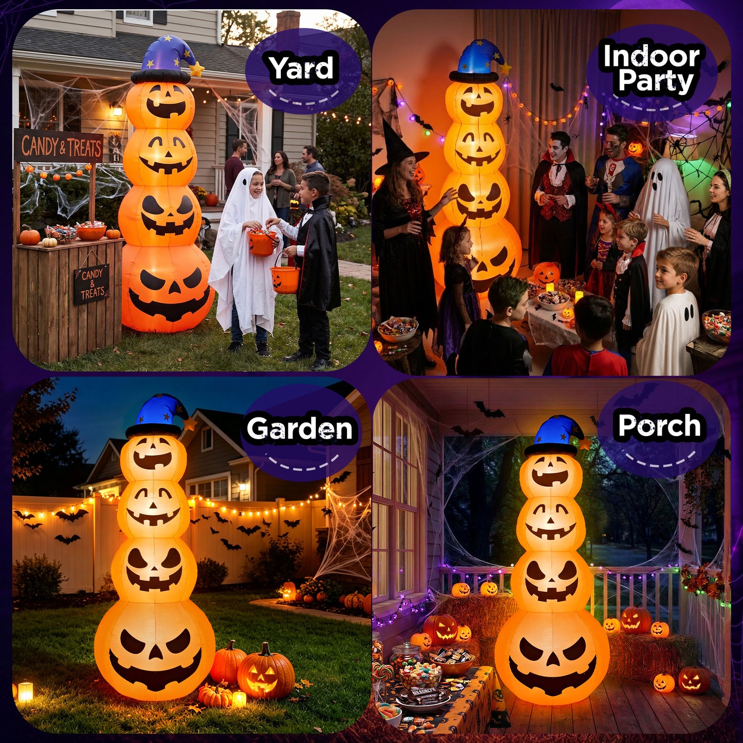 8ft Halloween Inflatable, Stacked Pumpkins with Witch Hat and Built-in LED Lights, Outdoor Blow up Yard Decor for Lawn, Garden, Porch and Halloween Party, Orange