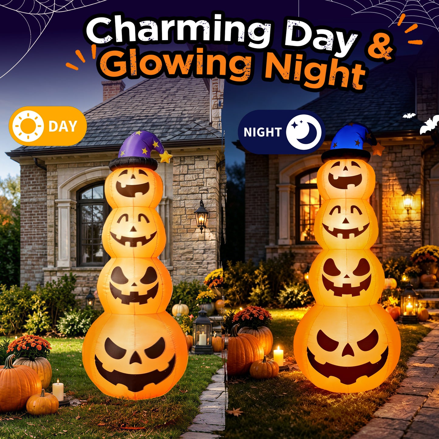 8ft Halloween Inflatable, Stacked Pumpkins with Witch Hat and Built-in LED Lights, Outdoor Blow up Yard Decor for Lawn, Garden, Porch and Halloween Party, Orange