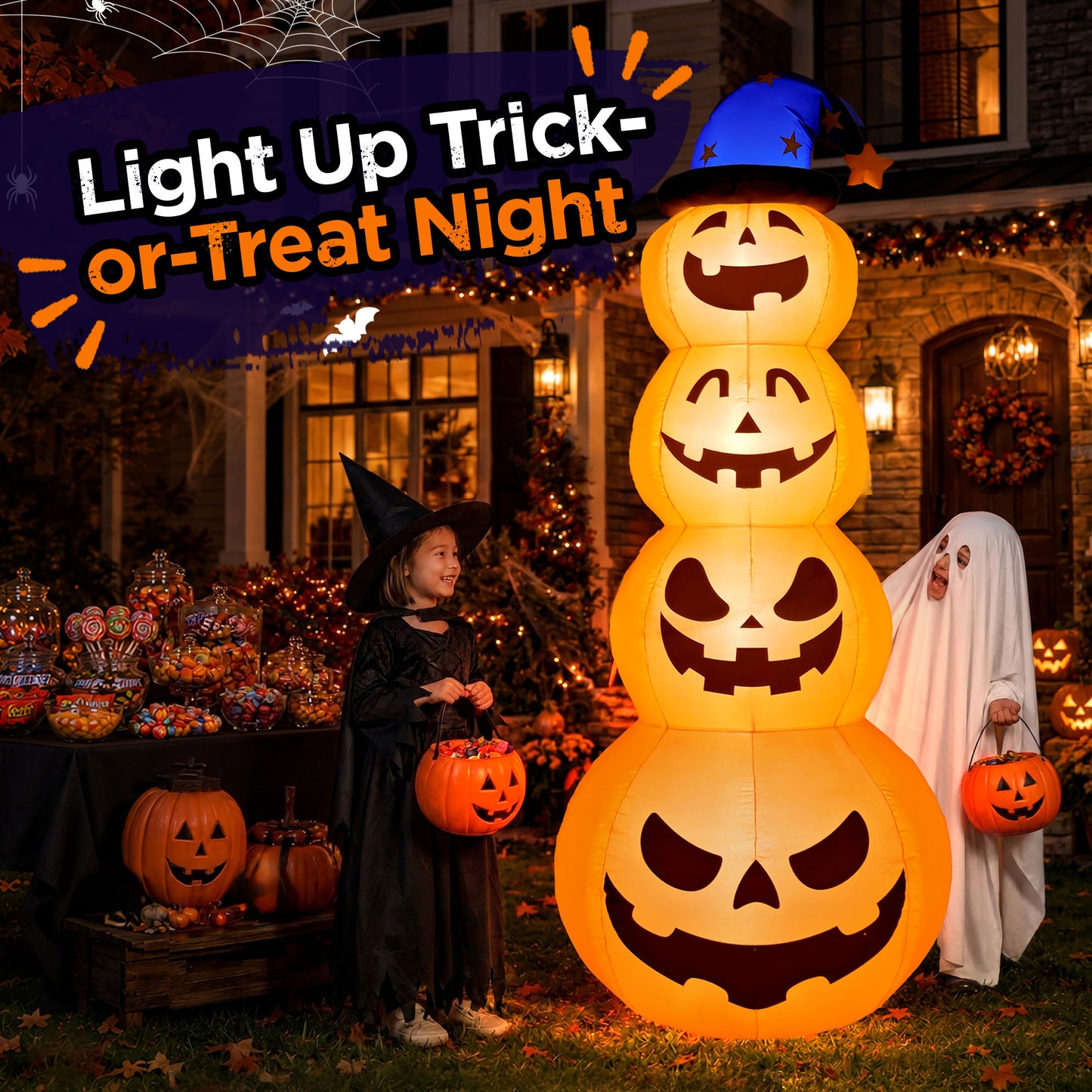 8ft Halloween Inflatable, Stacked Pumpkins with Witch Hat and Built-in LED Lights, Outdoor Blow up Yard Decor for Lawn, Garden, Porch and Halloween Party, Orange