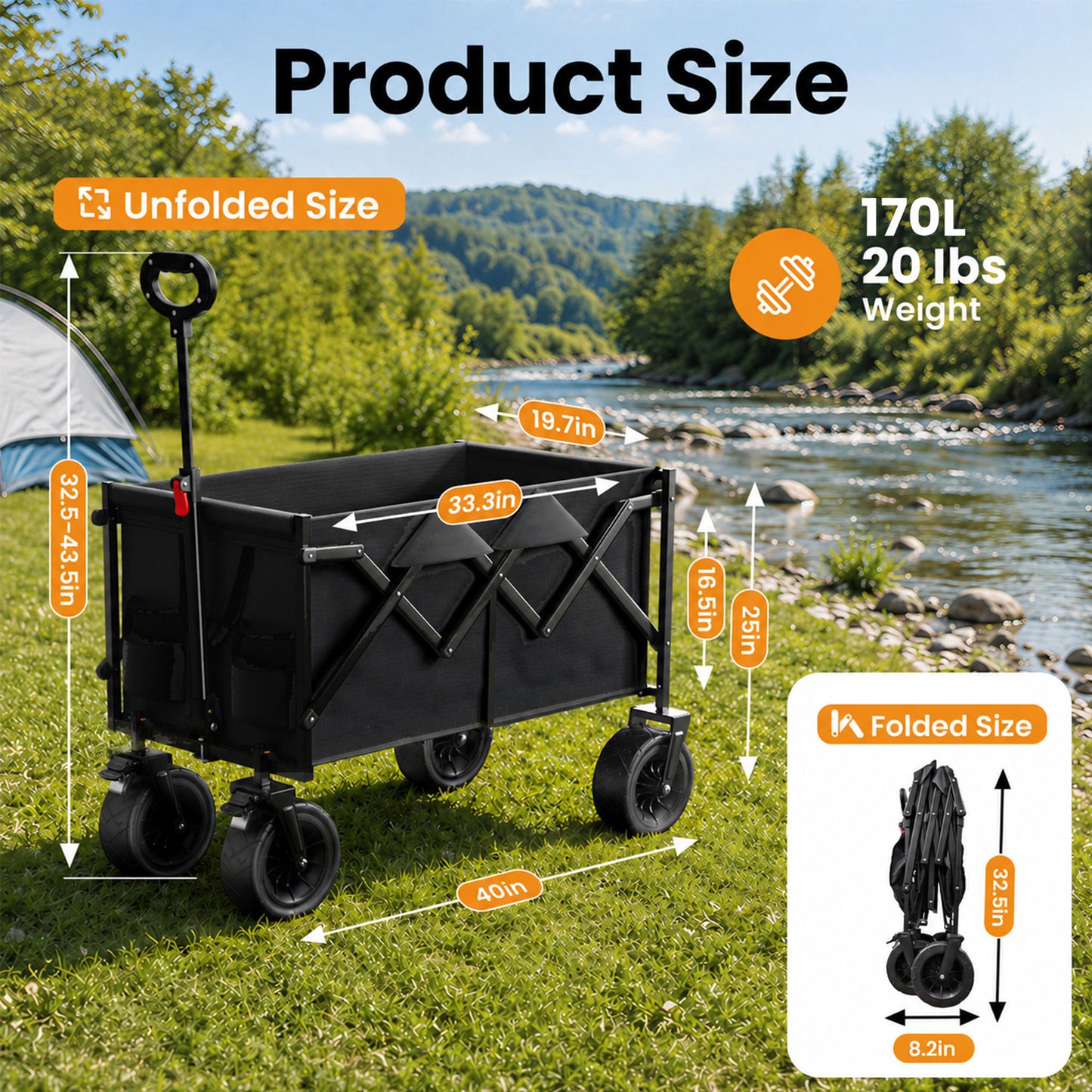 Goosiay Collapsible Folding Wagon, 580LBS Portable Heavy Duty Utility Cart for Grocery, Shopping, Garden, Sports, Camping, Black