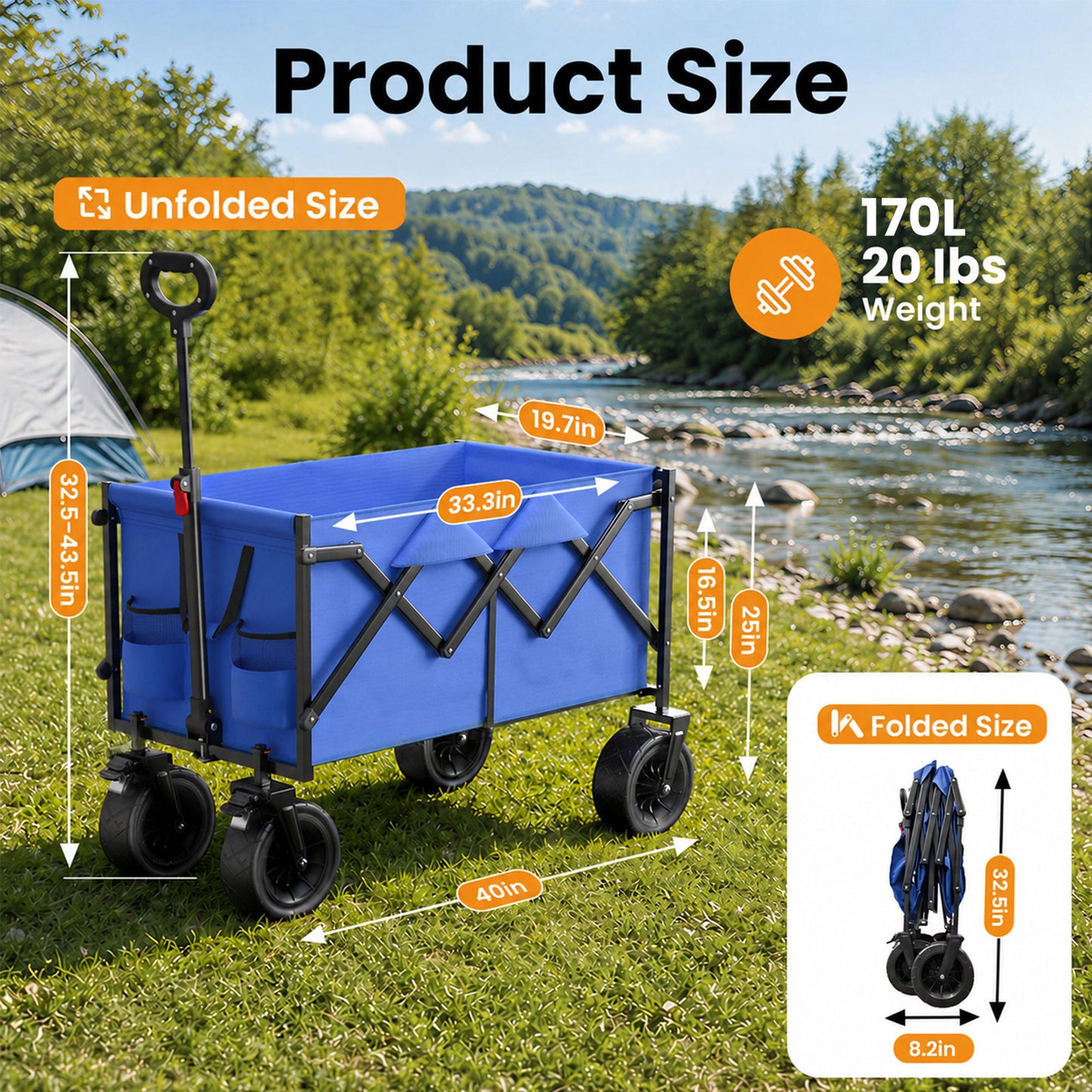 Goosiay Collapsible Wagon Cart, Folding Utility Heavy Duty Wagons for Grocery Sports Garden Shopping Camping, Blue