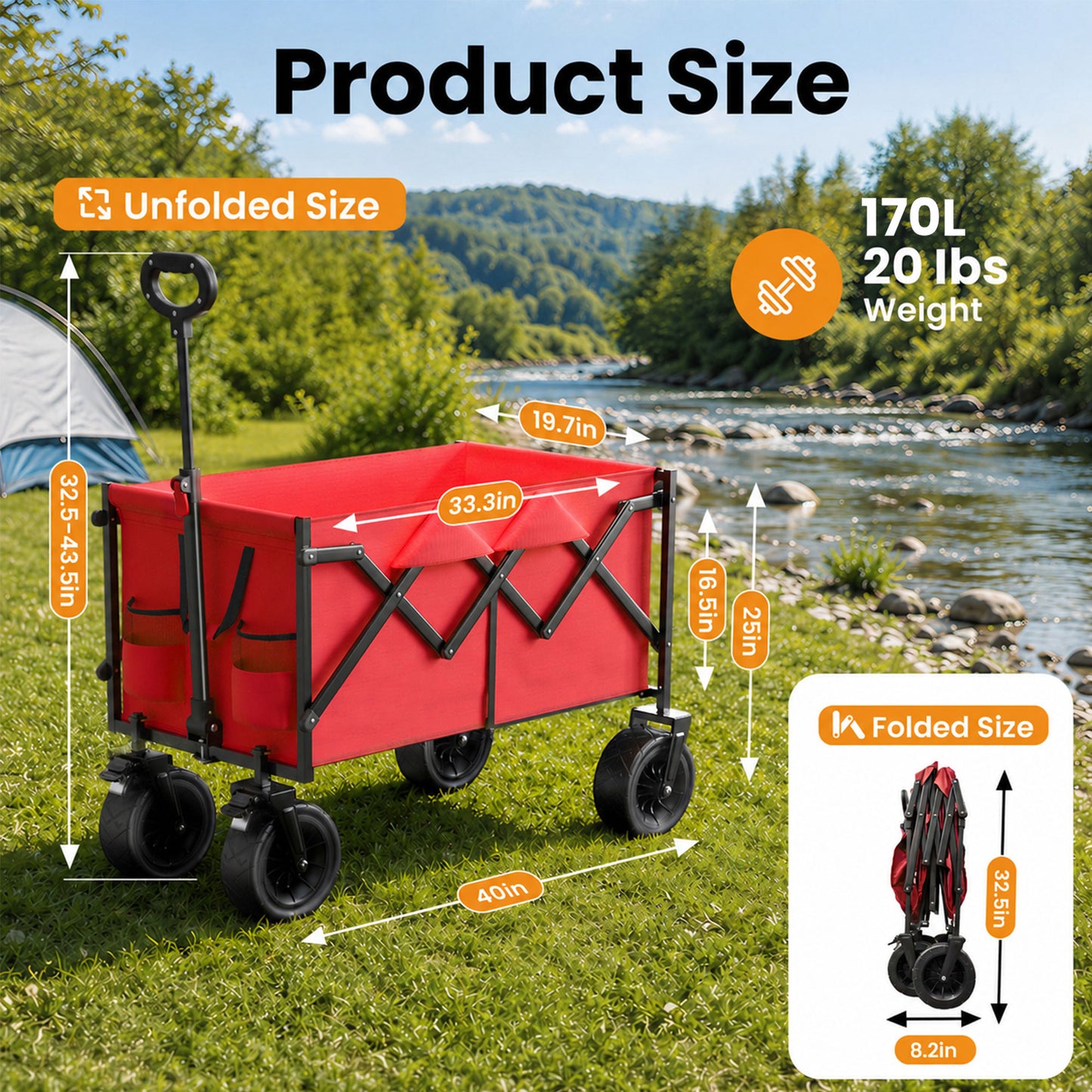 Goosiay 580LBS Collapsible Folding Wagon, Heavy Duty Utility Cart for Grocery, Shopping, Garden, Sports, Camping, Red